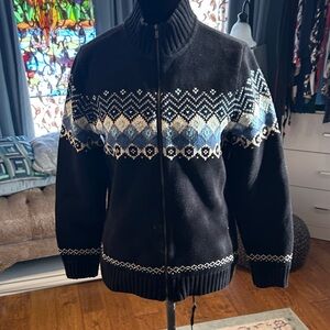 Liz Claiborne Men's Black and Blue Patterned Zip-Up Sweater